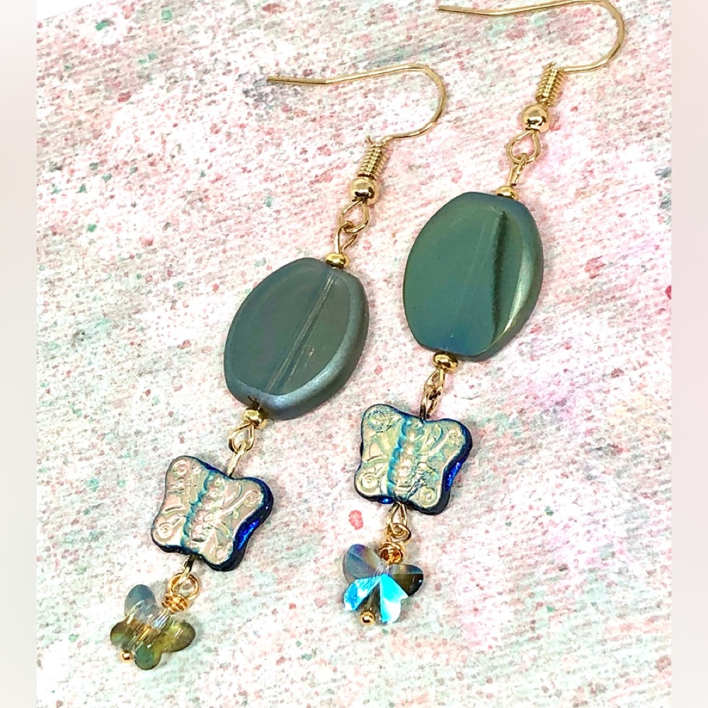 Smoky Sage Green Glass AB Luster Black and Aurora Crystal Butterfly Earrings